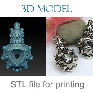 Può includere: Modello 3D di un orecchino in argento a forma di corona con una pietra preziosa trasparente. Il modello è mostrato accanto a una versione fisica dell'orecchino.