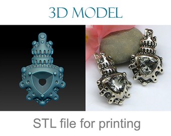 May include: 3D model of a silver crown-shaped earring with a clear gemstone. The model is shown next to a physical version of the earring.