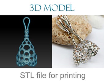 May include: 3D model STL file for printing of a pair of silver earrings with a geometric design. The earrings are in the shape of a teardrop with a circular pattern.