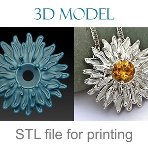 3d jewelry design. Flower pendant model with a stone. stl obj 3d print file jewellery