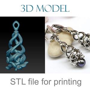 Earrings 3d model - Dangle earrings in the form of a spiral with small pearls - 3d jewelry design