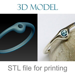 May include: A 3D model of a silver ring with a blue gemstone. The ring is shown in two views: a 3D rendering and a photo of the actual ring. The text "STL file for printing" is below the image.