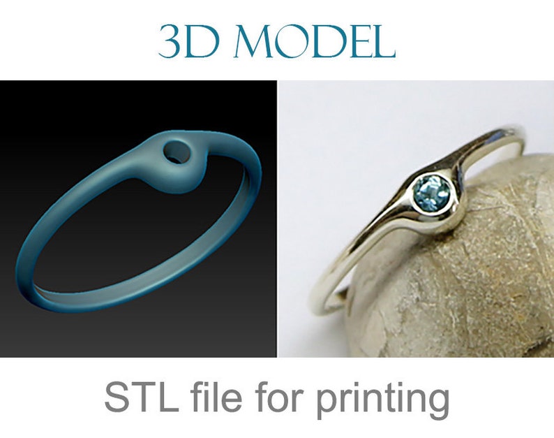 May include: A 3D model of a silver ring with a blue gemstone. The ring is shown in two views: a 3D rendering and a photo of the actual ring. The text "STL file for printing" is below the image.
