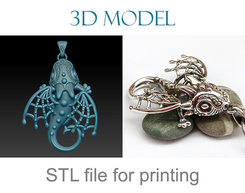 May include: 3D model of a detailed, blue, winged creature with a textured surface. The model is a pendant and has a loop at the top for attaching a chain. The image also shows a silver pendant of the same design, suggesting the model is for 3D printing. The text "STL file for printing" is below the image.