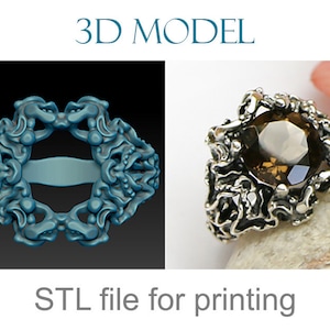Fantasy Gemstone Ring 3D Model STL, Ornate Gothic Statement Ring for 3D Printing