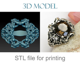 Fantasy Gemstone Ring 3D Model STL, Ornate Gothic Statement Ring for 3D Printing