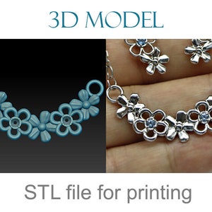 Horizontal pendant 3D model with flowers -Jewelry design - 3D Printable necklace stl files for download