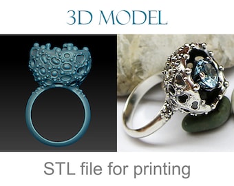 May include: A 3D model of a silver ring with a blue gemstone. The ring is designed with a detailed, intricate pattern that resembles a flower or a coral reef. The image also shows the STL file for printing.