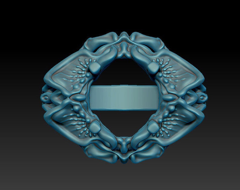 May include: A blue, intricately designed ring with a smooth, circular band. The ring is made of a textured metal and has a unique, organic shape.