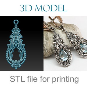 Può includere: Modello 3D STL per la stampa di un paio di orecchini d'argento con una pietra preziosa blu. Gli orecchini hanno un design dettagliato e intricato.