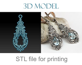 May include: 3D model STL file for printing a pair of silver earrings with a blue gemstone. The earrings have a detailed, intricate design.