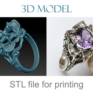 May include: A 3D model of a silver ring with an intricate design and a large purple amethyst gemstone. The ring is shown in two views: a side view and a close-up of the gemstone. The text "3D MODEL" and "STL file for printing" is also visible in the image.