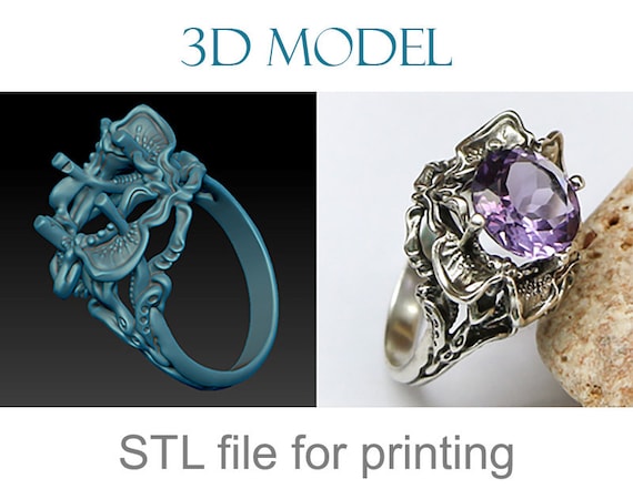 Sculpted ring. Ring with a round stone, printable jewelry 3d model. Download print ring model, 3d jewelry design