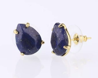 Gold Plated Handmade Opal Crystal Droplet Stud Earrings, Rose Quartz, Lapis Lazuli, Prehnite, Minimalist Gold Teardrop Earrings, Gift