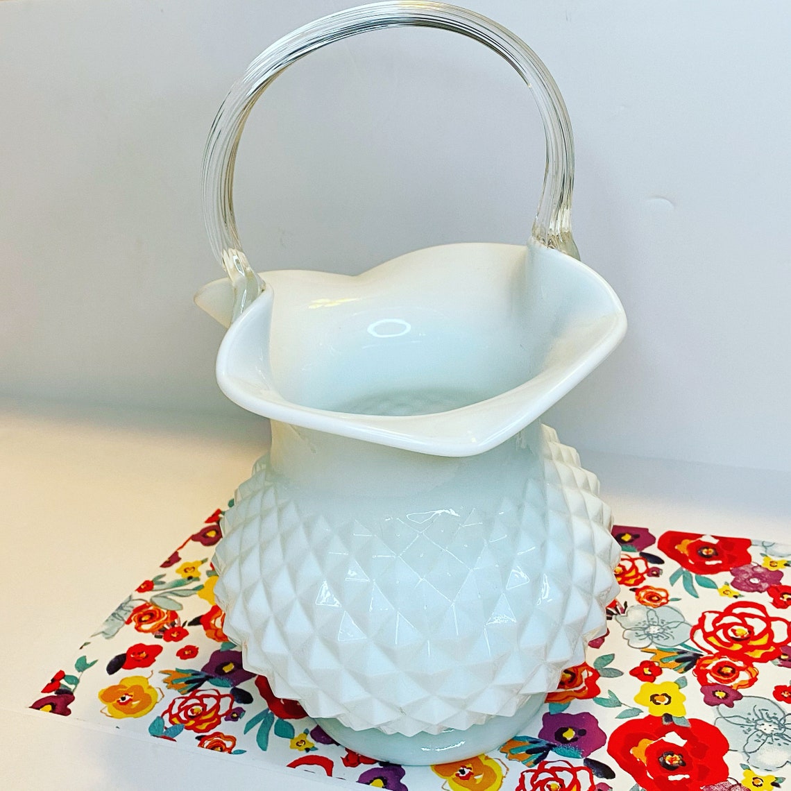 Milk Glass Basket with Applied Crystal Handle Etsy