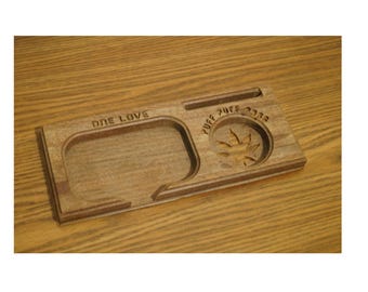 May include: Wooden tray with two compartments, one labelled "One Love" and the other with a marijuana leaf and the text "Puff Puff Pass".