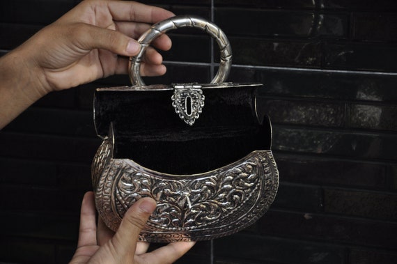 Indian Pure Handcrafted Antique Silver Metal Clutch Bag Party 
