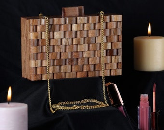 Wooden Vegan Clutch handbag for women, 2023 design Natural Items, Women Purses, wood geometric pattern Christmas Gift