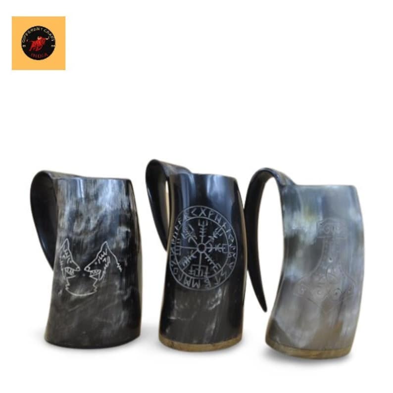 Shops Drinking Buffalo carving Horn pack of 3 Vikings Horn Mug Medieval Tankard 2022 Indian original Beer Ale Mead Horn, Groomsmen Wedding Gift