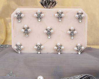 HANA Resin Clutch, handmade clutch, embellishment, pearls, stones, zardozi, handbag, luxury, Diwali, Christmas, bride, wedding, occasion