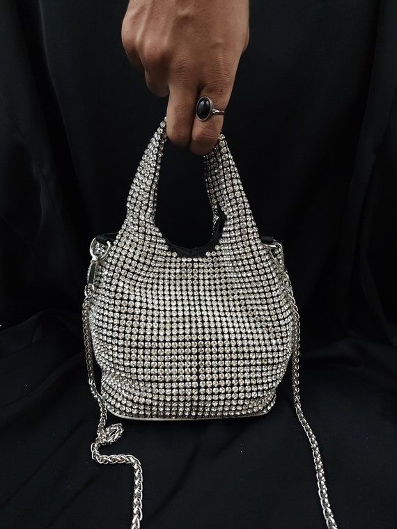 Crystal Embellished Mesh Chain Strap Bucket Bag