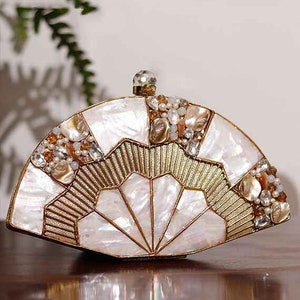 Fan shape 2022 Designer original seashell inlaid brass handcrafted clutch bag, luxury Clutch, wedding clutch for bridesmaid Christmas gift