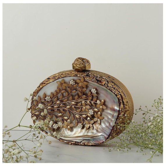 Designer Clutch Bags Online - Luxe Bridal Mother of Pearl Brass Clutch