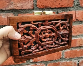 Artisanal Carved Rosewood Clutch with Floral Lattice Design bag for women on her bridal day, anniversary gift