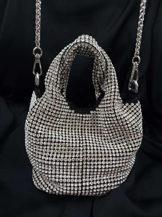 Luxury Diamond rhinestone crystal bucket bag, Bling Bling shoulder Mesh  wedding