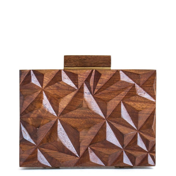 Wooden Vegan Clutch bag, Indian Artisian fully hand carving Burr Walnut, 2023 design Natural Items, Women Purses, wood geometric pattern