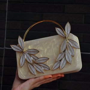 Floral Handcrafted Acrylic handbag exclusive marble look  with antique brass top handle bag, Designer Wedding bridesmaid Clutch bag , wallet