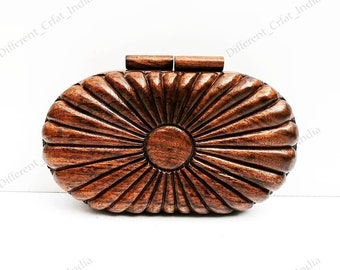 Brown handcrafted Carved Wooden Clutch with Sculptural Fan Design bag for Women, Evening bag