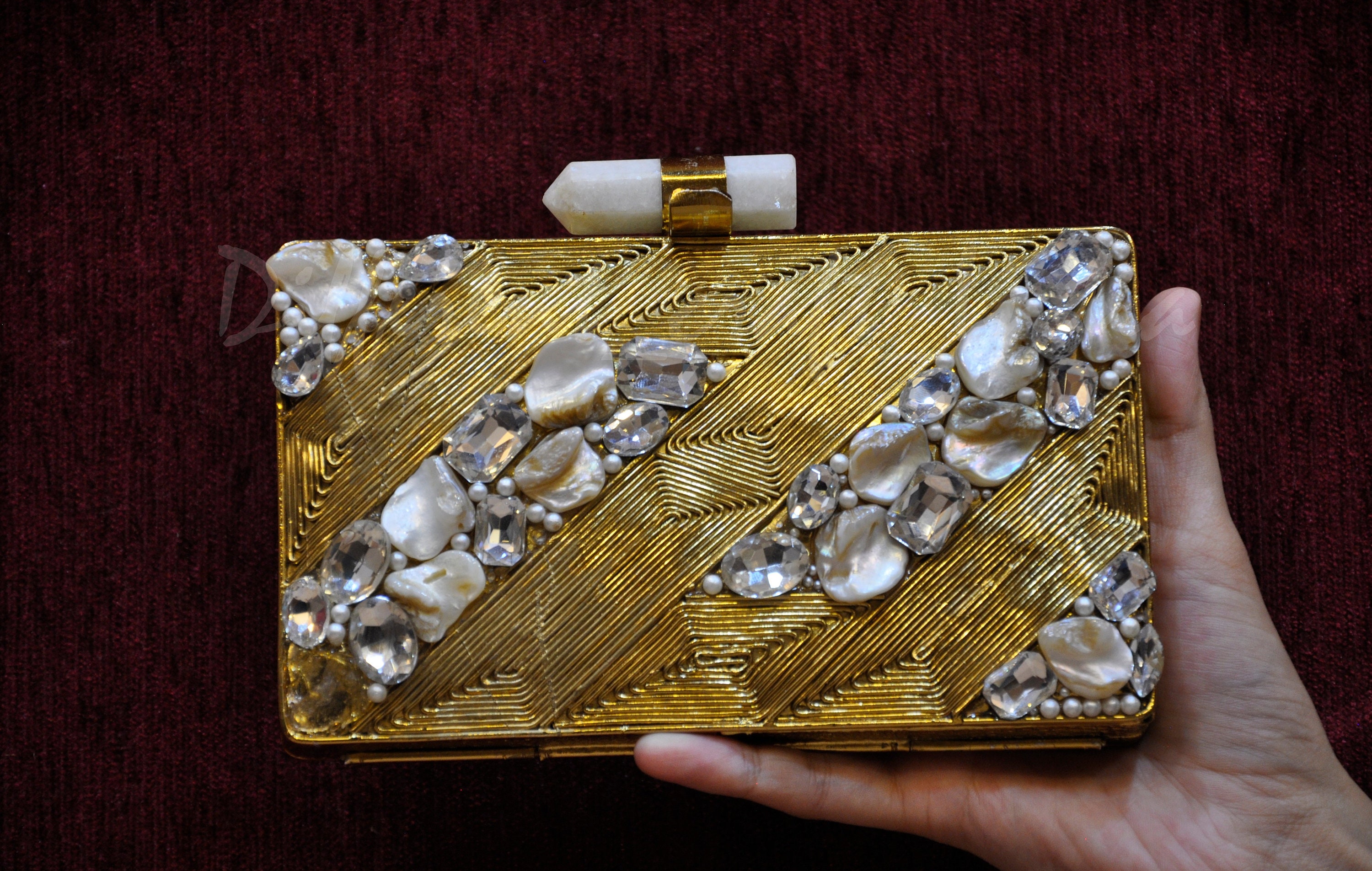 MOTHER OF PEARL Inlaid Brass handcrafted handbag, Wedding Designer clutch  purse