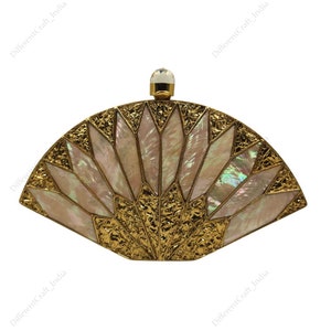 Mother of Pearl Shell Minaudiere Brass clutch Purse Luxury Fan shape evening Shoulder bag for bridesmaid on her wedding day Christmas Gift
