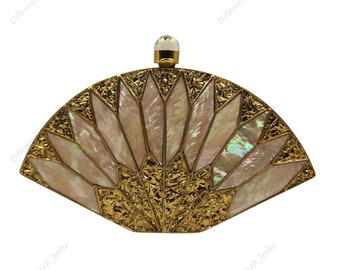 Mother of Pearl Shell Minaudiere Brass clutch Purse Luxury Fan shape evening Shoulder bag for bridesmaid on her wedding day Christmas Gift