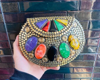 Mosaic Handmade Ethnic Clutch - Ornate Bag - Vintage Bag - Boho Clutch - Indian Bag - Mother of Pearl Purse - Metal Clutch  SUNSHINE Clutch