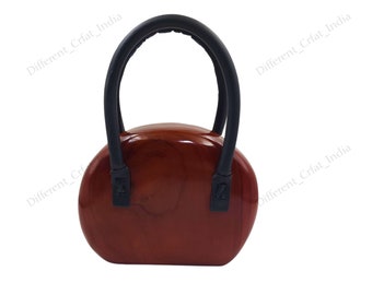 Top leather handle wooden bag Fully handcrafted Teak wood handbag for women Chic Bright party Clutch