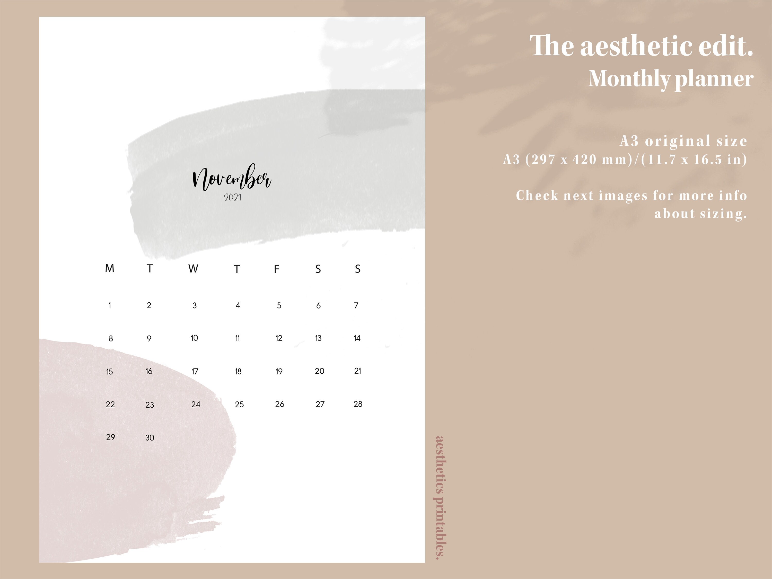 2021 Monthly Printable Calendar November The aesthetic | Etsy