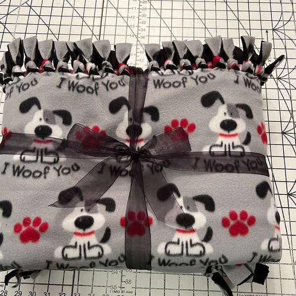 I Woof You Handmade Double Thick Fleece Tie Blanket 52 x 54