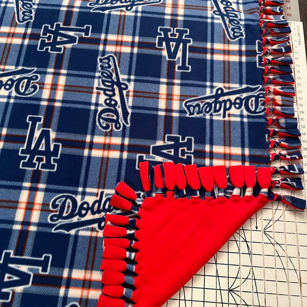 Los Angeles Dodgers Plaid Handmade Double Thick Fleece Tie Blanket