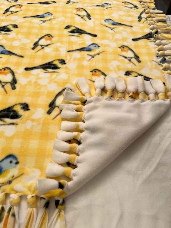 Spring Birds on Gingham Handmade Double Thick Fleece Tie Throw