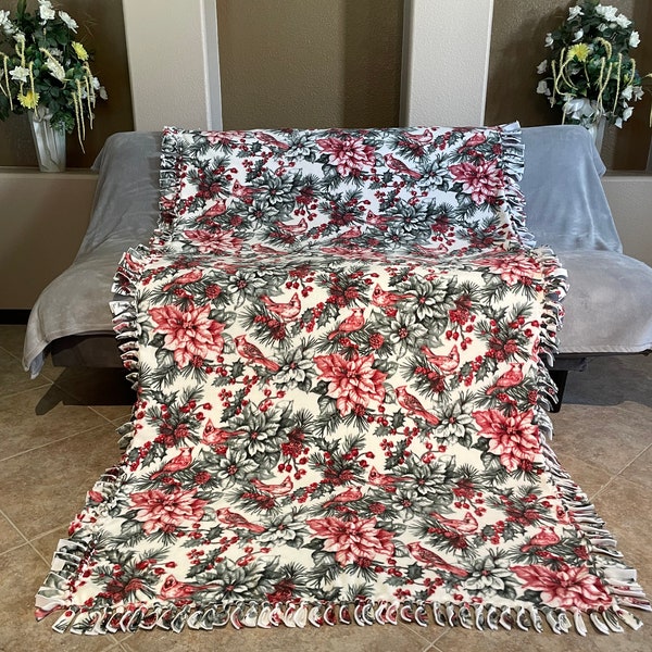 Poinsettia and Cardinals Christmas Hand-made Double Thick Fleece Tie Blanket