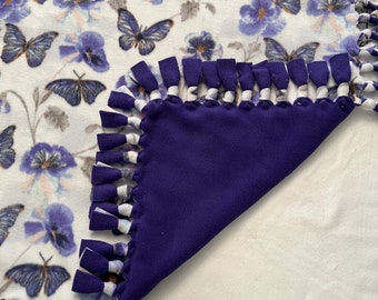 Purple Butterfly and Pansy Dreamland Handmade Double Thick Fleece Tie Blanket