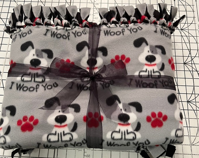 I Woof You Handmade Double Thick Fleece Tie Blanket 52" x 36"