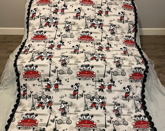 Mickey Mouse in Paris Fleece Throw Blanket with Crocheted Border