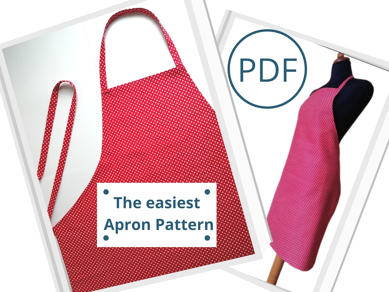 A red and white polka dot apron with a neck strap and two long ties. The apron is displayed on a white surface. The text 'The easiest Apron Pattern' is written below the apron. The image also shows a pink and white polka dot apron on a mannequin. A blue circle with the text 'PDF' is in the top right corner of the image.