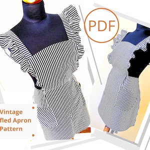 Może przedstawiać: Czarno-biały fartuch w paski z falbankami na ramiączkach i jedną kieszenią. Fartuch jest na białym manekinie. Tekst "Vintage Ruffled Apron Pattern" znajduje się w ramce na dole obrazu. Tekst "PDF" znajduje się w kółku na górze obrazu.
