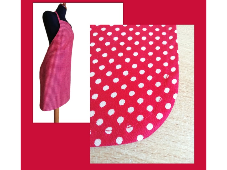 A red and white polka dot apron with a neck strap and a photo of rounded corner hem.