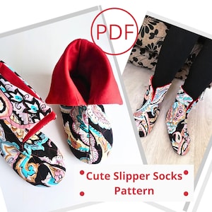 May include: Colorful slipper socks with a paisley pattern in black, red, and teal. The socks have a red interior and a folded-over cuff. The image also shows the text "Cute Slipper Socks Pattern".