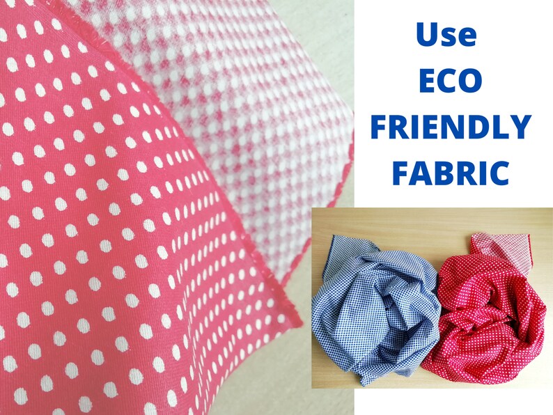Three fabric swatches, one red with white polka dots, one blue with white gingham pattern, and one white with red polka dots. The text 'Use ECO FRIENDLY FABRIC' is in blue text on a white background.